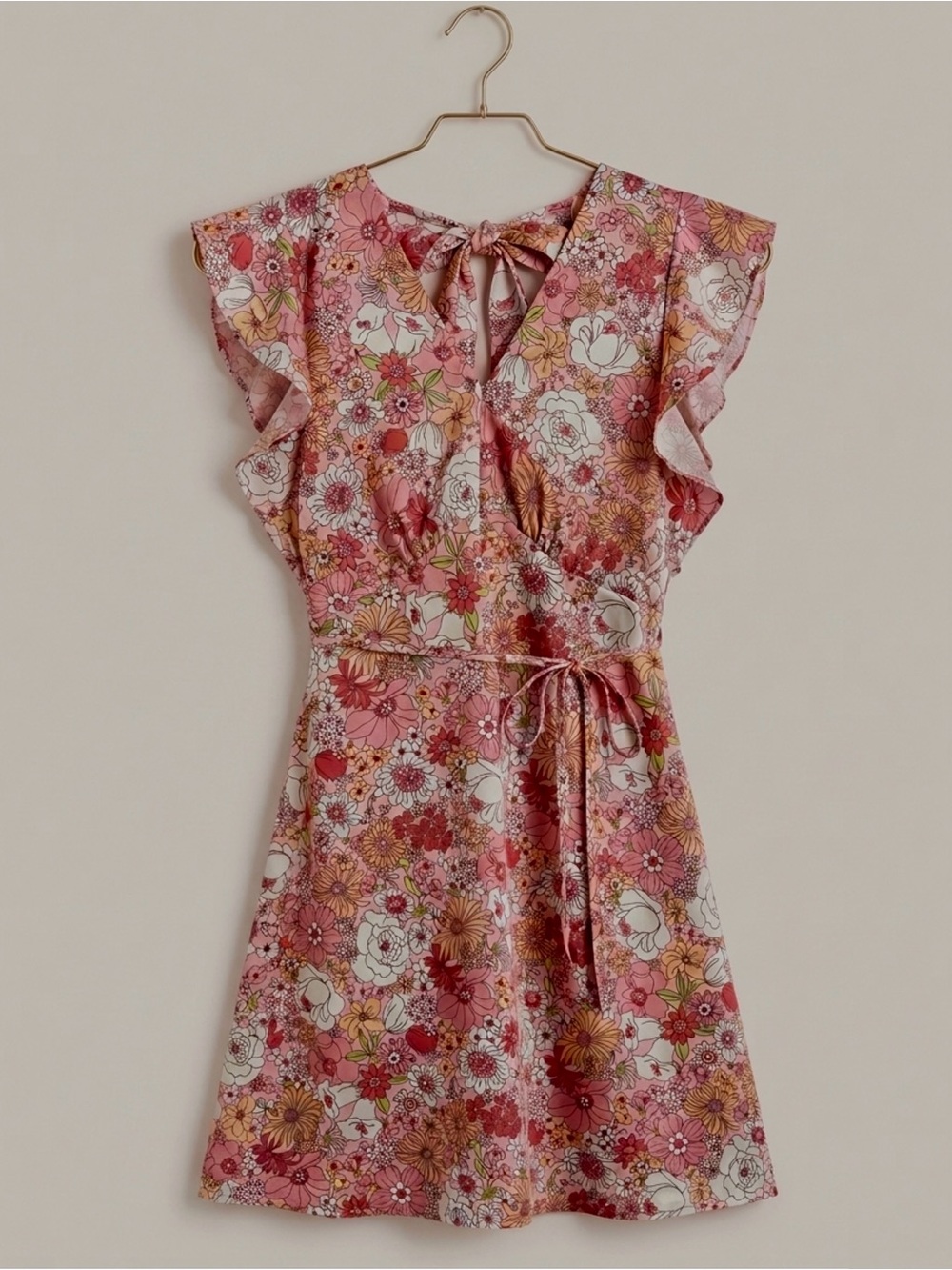 Altar’d State Alysiana Retro Pink Floral Tie Back Flutter Sleeve Mini Dress XS